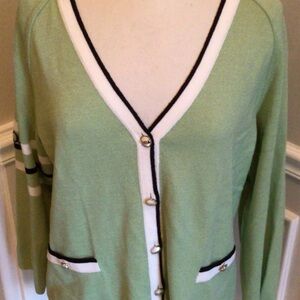St. John Light Green V-Neck Cardigan with White Trim